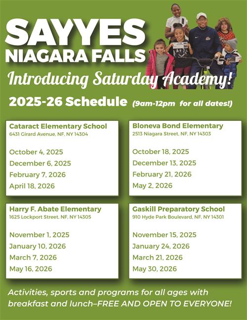 Dates for Say Yes NF Saturday Academy program and picture of parents and students